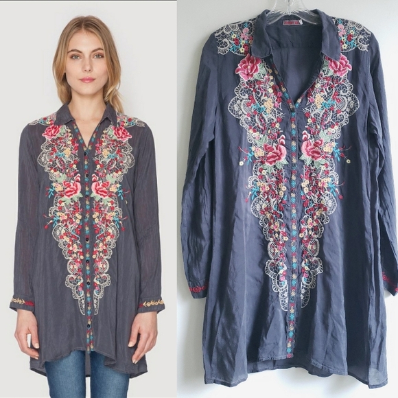 Johnny Was Small Gray Rose Floral Embroidered Tunic Button Front Collared Blouse - Picture 1 of 8
